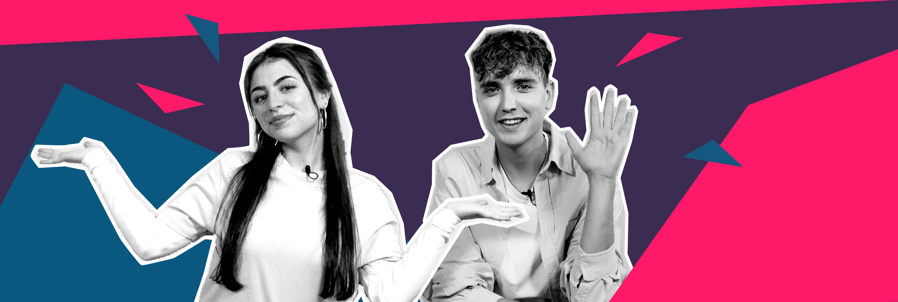 Bunte Grafik mit den beiden Videohosts Lia und Jonas